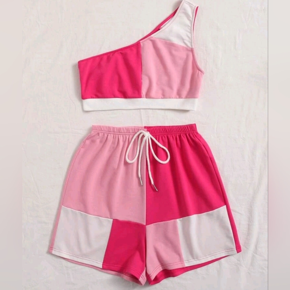 SHEIN EZwear One Shoulder Colorblock Top & Track Shorts Set